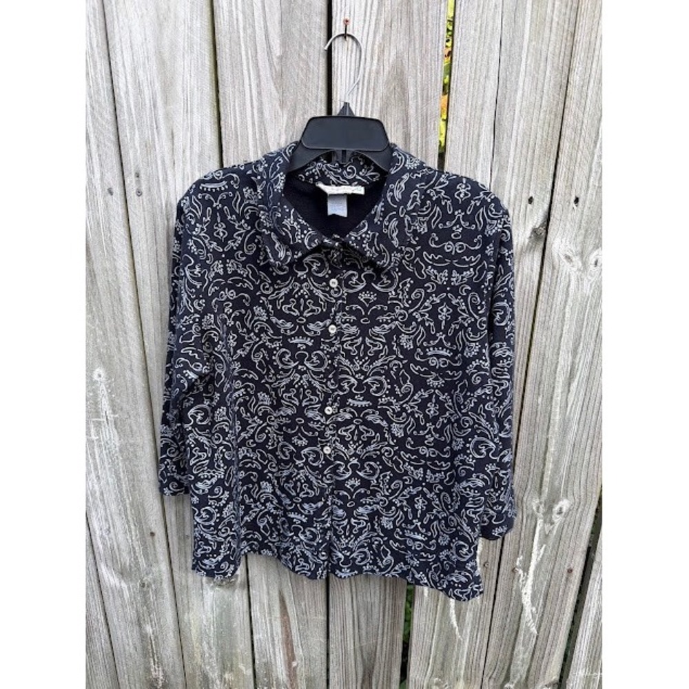 Coastal Grandma Fresh Produce Button Up Top Size M Black White Scroll Print